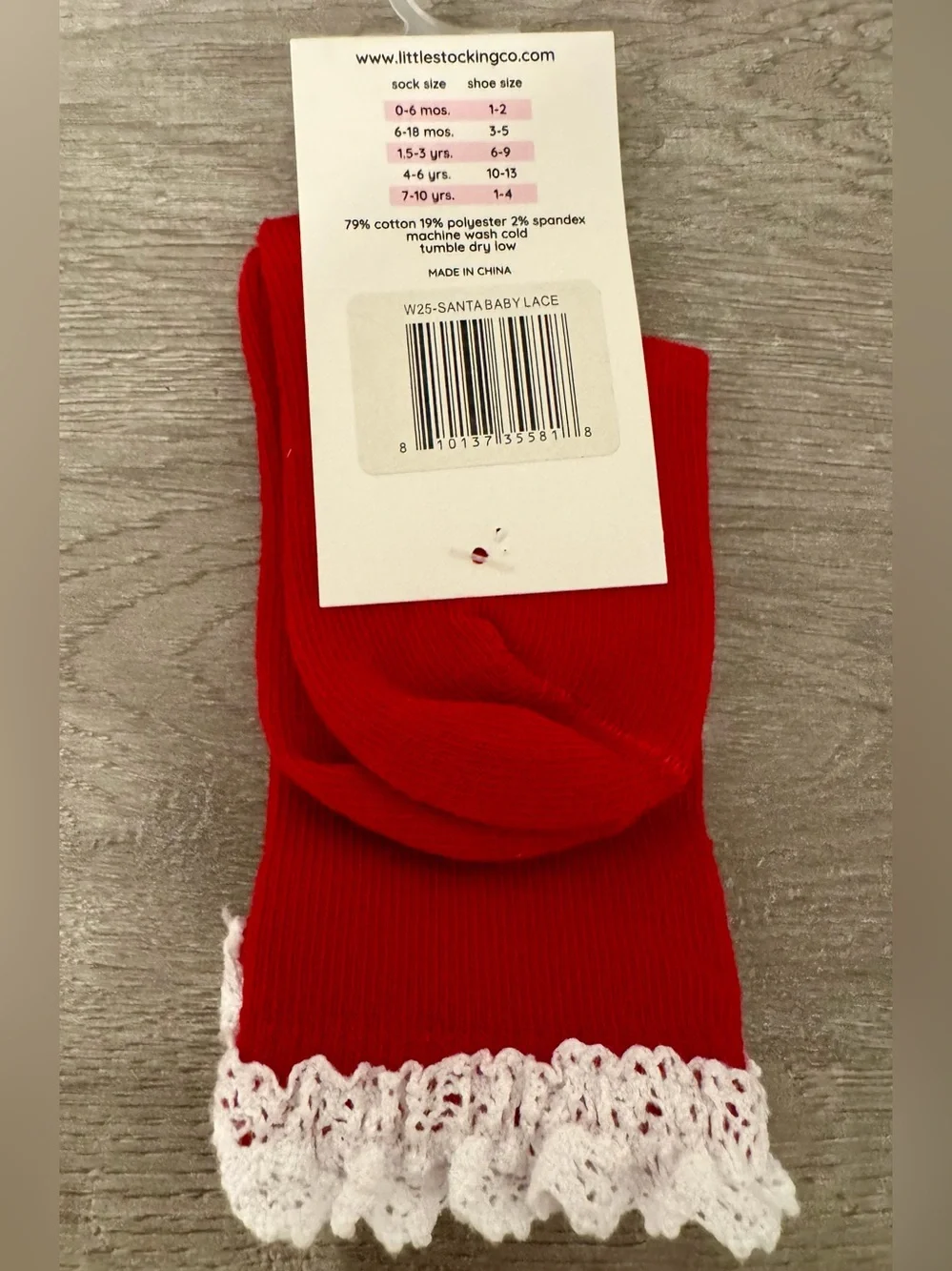Little Stocking Co. — Red knee-high socks with lace trim at the top. Size:6-18 m